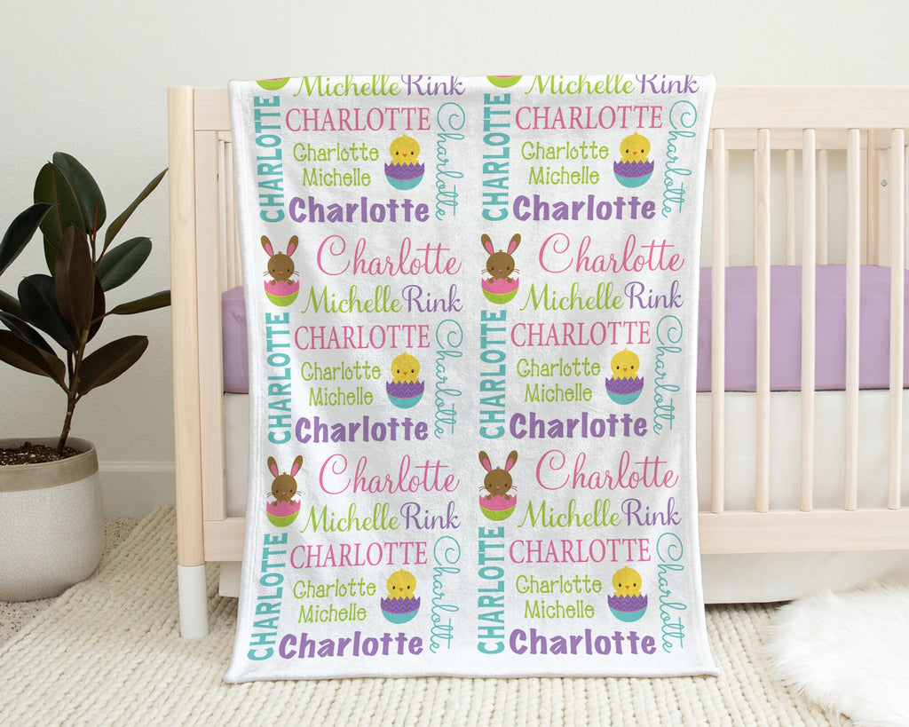 Easter baby blanket, personalized bunny blanket, Easter baby or kids gift, Easter personalized swaddle name blanket, Easter chick and eggs