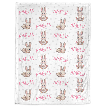 Personalized rabbit name blanket, pink girl Easter bunny baby swaddle blanket, Easter basket baby gift with name, newborn or kids blanket