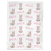 Personalized rabbit name blanket, pink girl Easter bunny baby swaddle blanket, Easter basket baby gift with name, newborn or kids blanket