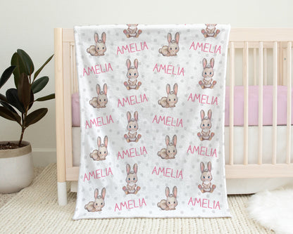 Personalized rabbit name blanket, pink girl Easter bunny baby swaddle blanket, Easter basket baby gift with name, newborn or kids blanket