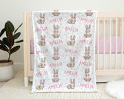 Personalized rabbit name blanket, pink girl Easter bunny baby swaddle blanket, Easter basket baby gift with name, newborn or kids blanket