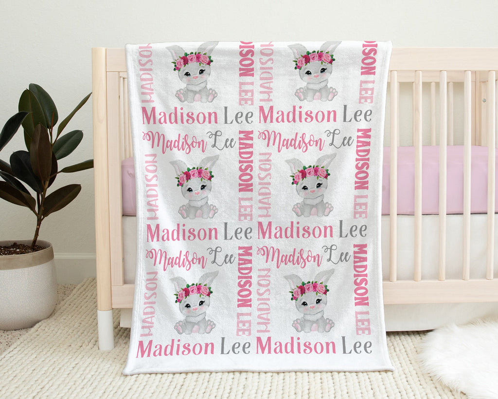 Easter bunny baby blanket, pink personalized rabbit swaddle name blanket, baby girl floral Easter baby gift with name, kids Easter blanket