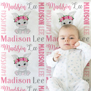 Easter bunny baby blanket, pink personalized rabbit swaddle name blanket, baby girl floral Easter baby gift with name, kids Easter blanket