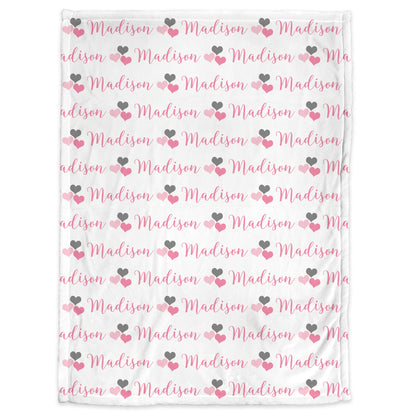 Baby blanket with hearts, personalized hearts newborn blanket, pink and gray baby girl swaddle, heart theme baby gift, (CHOOSE COLORS)
