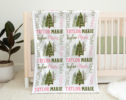 Personalized Forest baby name blanket, girls or boys pine tree name blanket, pinetree woodland theme swaddle, personalized forest baby gift, (CHOOSE COLORS)