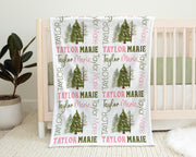 Forest baby blanket, girls or boys pine tree name blanket, pinetree woodland theme swaddle, personalized forest baby gift, (CHOOSE COLORS)