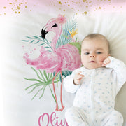 Pink flamingo baby blanket, tropical flowers and flamingo newborn name blanket, personalized baby girls flamingo swaddle, floral baby gift