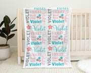 Flower baby girl name blanket, personalized floral swaddle blanket, salmon and aqua newborn swaddle blanket, baby girl gift with flowers