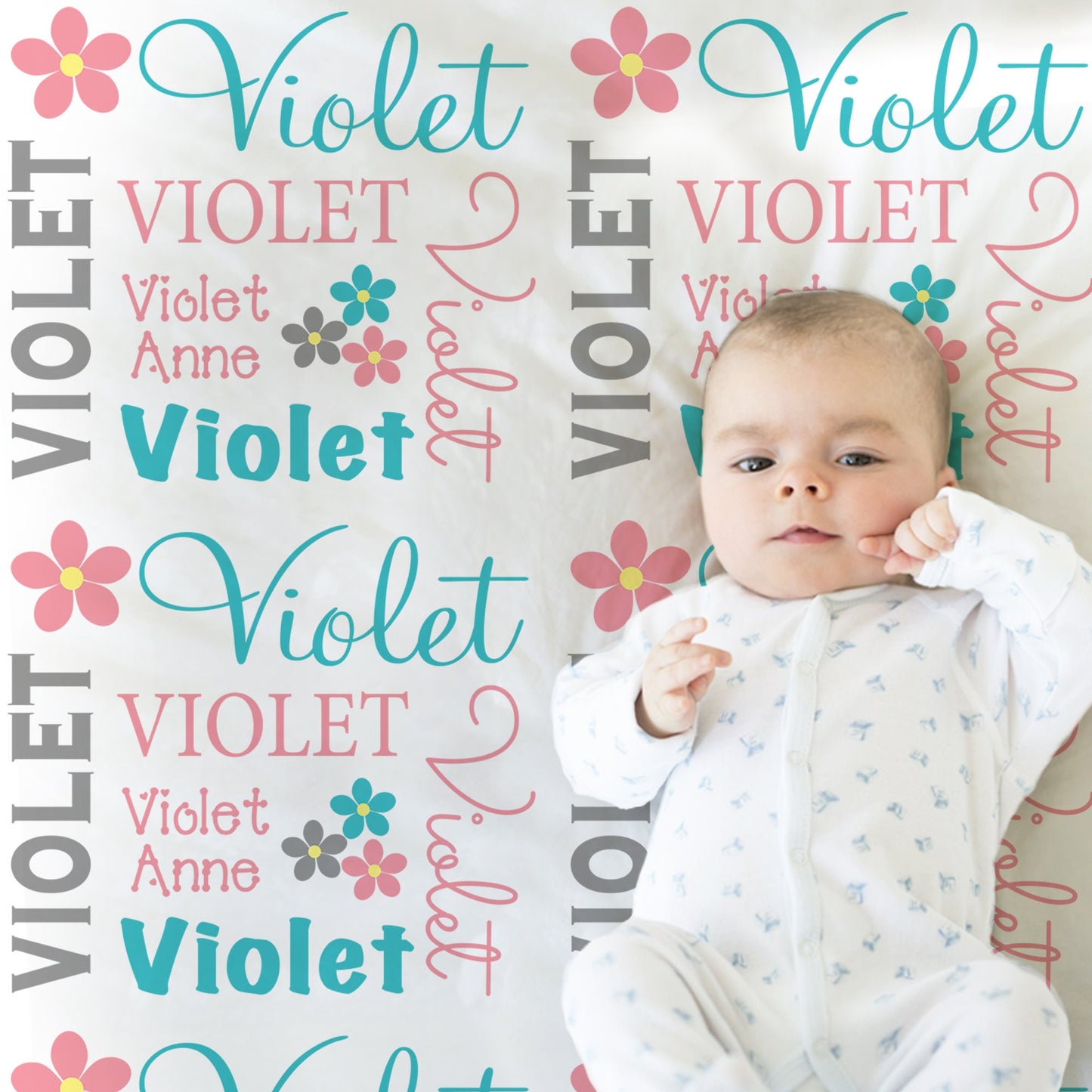 Flower baby girl name blanket, personalized floral swaddle blanket, salmon and aqua newborn swaddle blanket, baby girl gift with flowers