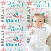Flower baby girl name blanket, personalized floral swaddle blanket, salmon and aqua newborn swaddle blanket, baby girl gift with flowers