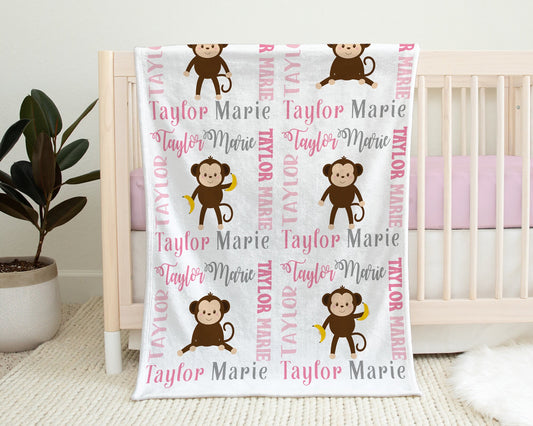 Personalized Monkey Baby Name Blanket Girl