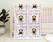 Personalized monkey baby blanket, monkeys baby name blanket, newborn monkey gift, cute monkey swaddle, boy or girl, (CHOOSE COLORS)