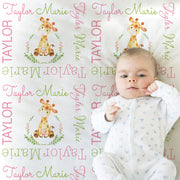 Personalized giraffe baby girl blanket, newborn giraffe girls swaddle blanket, pink and mint giraffe baby gift, boy or girl, (CHOOSE COLORS)