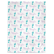 Mermaid name blanket, personalized mermaid tail newborn swaddle blanket, purple and teal mermaids baby gift, (CHOOSE COLORS)