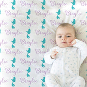 Mermaid name blanket, personalized mermaid tail newborn swaddle blanket, purple and teal mermaids baby gift, (CHOOSE COLORS)