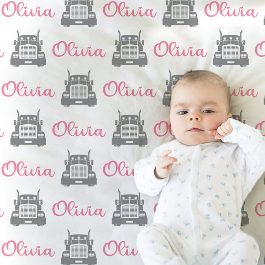 Personalized Big Rig Truck Baby Name Blanket Girl