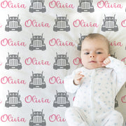 Pink trucker baby blanket with name, diesel girls newborn blanket, personalized big rig theme baby gift, trucker swaddle, boys or girls