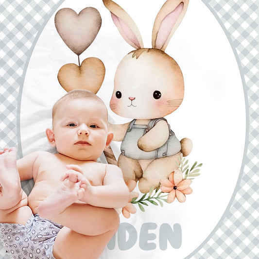 Bunny name blanket personalized for boy with Easter rabbit