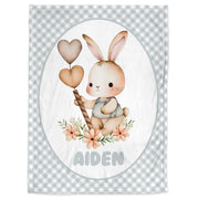 Boys personalized bunny name blanket, newborn rabbits baby name blanket, kids Easter gift with name, boys gray Easter swaddle (CHOOSE COLOR)