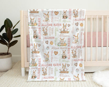 Bunny Easter name blanket, personalized girls Easter swaddle blanket, newborn bunny rabbit baby gift, Easter gift for girls (CHOOSE COLORS)