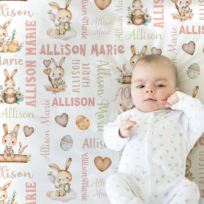 Bunny Easter name blanket, personalized girls Easter swaddle blanket, newborn bunny rabbit baby gift, Easter gift for girls (CHOOSE COLORS)
