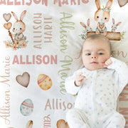 Newborn rabbit baby girls blanket, personalized bunny swaddle name blanket, cute Easter rabbit kids blanket, rabbit baby gift (CHOOSE COLOR)