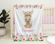 Kangaroo baby girls blanket, personalized floral kangaroo swaddle name blanket, cute watercolor flower animal baby gift (CHOOSE COLORS)