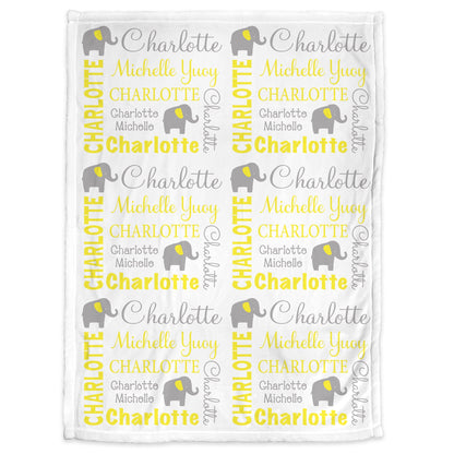 Elephant baby blanket with name, personalized newborn elephant swaddle, boy or girl elephant baby gift, yellow and gray neutral baby blanket