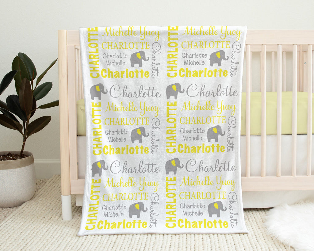 Elephant baby blanket with name, personalized newborn elephant swaddle, boy or girl elephant baby gift, yellow and gray neutral baby blanket