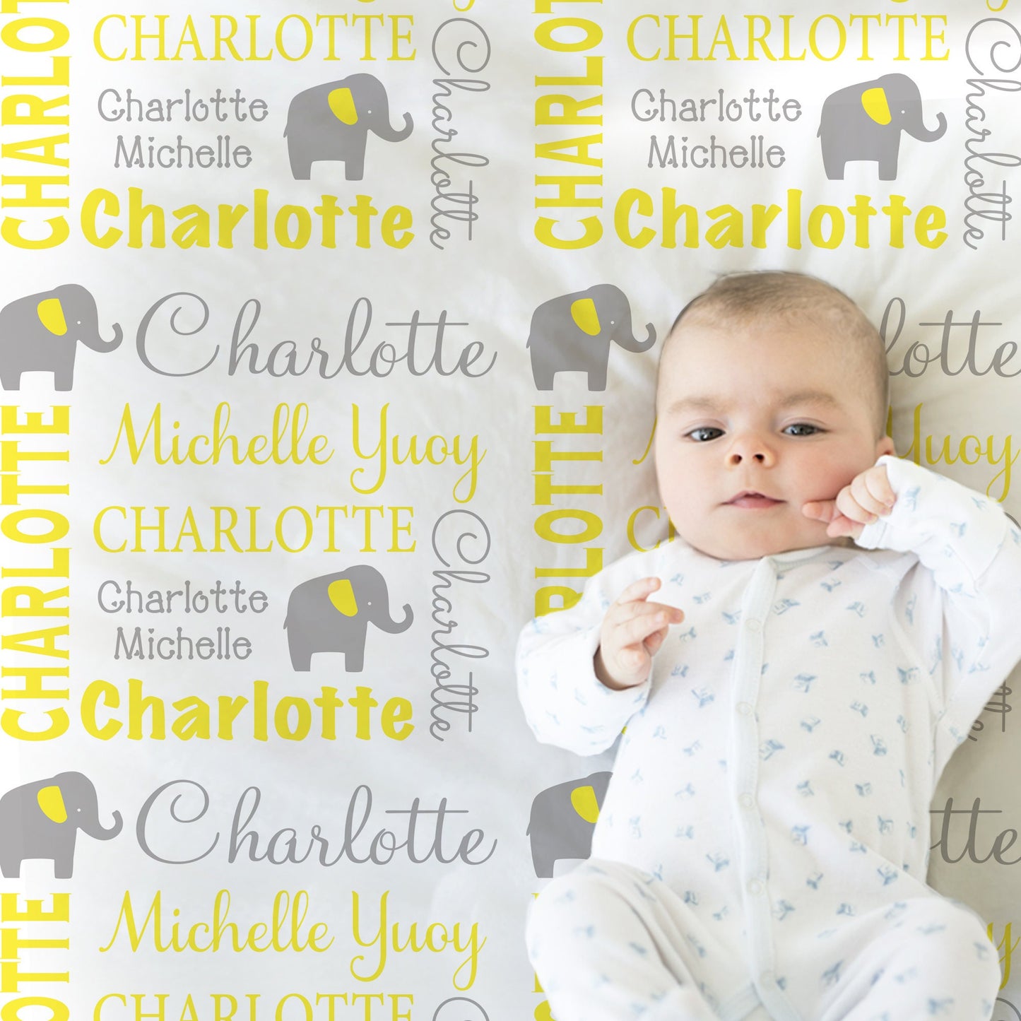 Elephant baby blanket with name, personalized newborn elephant swaddle, boy or girl elephant baby gift, yellow and gray neutral baby blanket