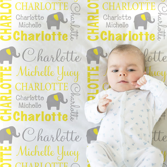 Personalized Elephant Baby Name Blanket Girl Yellow