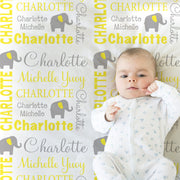 Elephant baby blanket with name, personalized newborn elephant swaddle, boy or girl elephant baby gift, yellow and gray neutral baby blanket