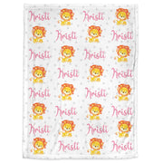 Personalized pink lion baby blanket, girls newborn lion name blanket, safari animal lions baby gifts, safari lion swaddle (CHOOSE COLORS)