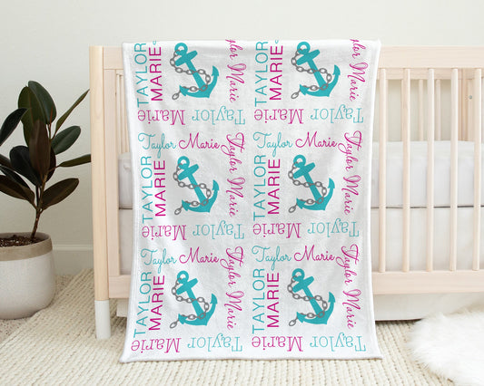 Personalized Baby Girl Anchor Baby Name Blanket