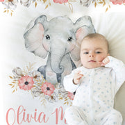 Elephant baby girl blanket, personalized watercolor elephant flower blanket with name, floral newborn baby swaddle, pink elephant baby gift