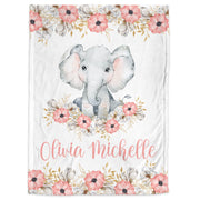 Elephant baby girl blanket, personalized watercolor elephant flower blanket with name, floral newborn baby swaddle, pink elephant baby gift
