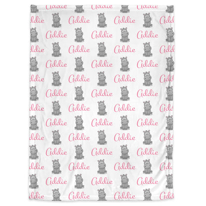 Personalized Baby girl hippo Baby Name Blanket