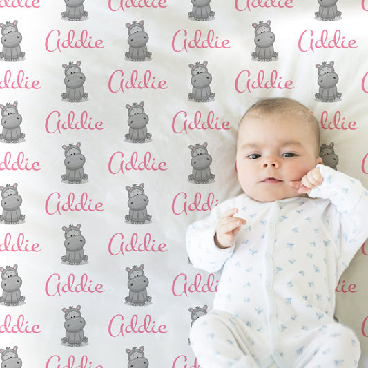Personalized Baby girl hippo Baby Name Blanket