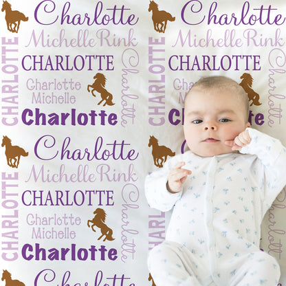 Personalized horse baby girl blanket, newborn horse theme blanket with name, wild horses swaddle baby gift, purple and brown (CHOOSE COLORS)