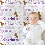 Personalized horse baby girl blanket, newborn horse theme blanket with name, wild horses swaddle baby gift, purple and brown (CHOOSE COLORS)