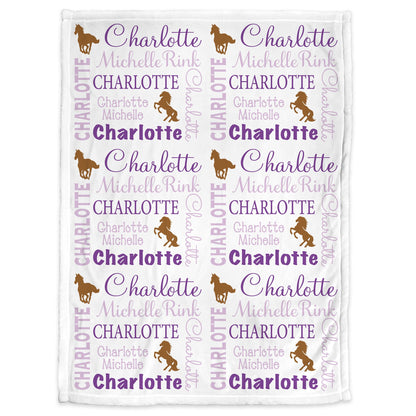 Personalized horse baby girl blanket, newborn horse theme blanket with name, wild horses swaddle baby gift, purple and brown (CHOOSE COLORS)