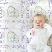 Floral girls elephant baby name blanket, newborn mom and baby elephant personalized swaddle blanket, elephant baby gift (CHOOSE COLORS)