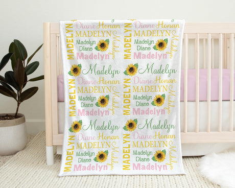 Baby girl sunflower blanket, sunflower personalized newborn blanket, floral girls swaddle with name, sunflowers baby gift (CHOOSE COLORS)