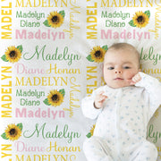 Baby girl sunflower blanket, sunflower personalized newborn blanket, floral girls swaddle with name, sunflowers baby gift (CHOOSE COLORS)