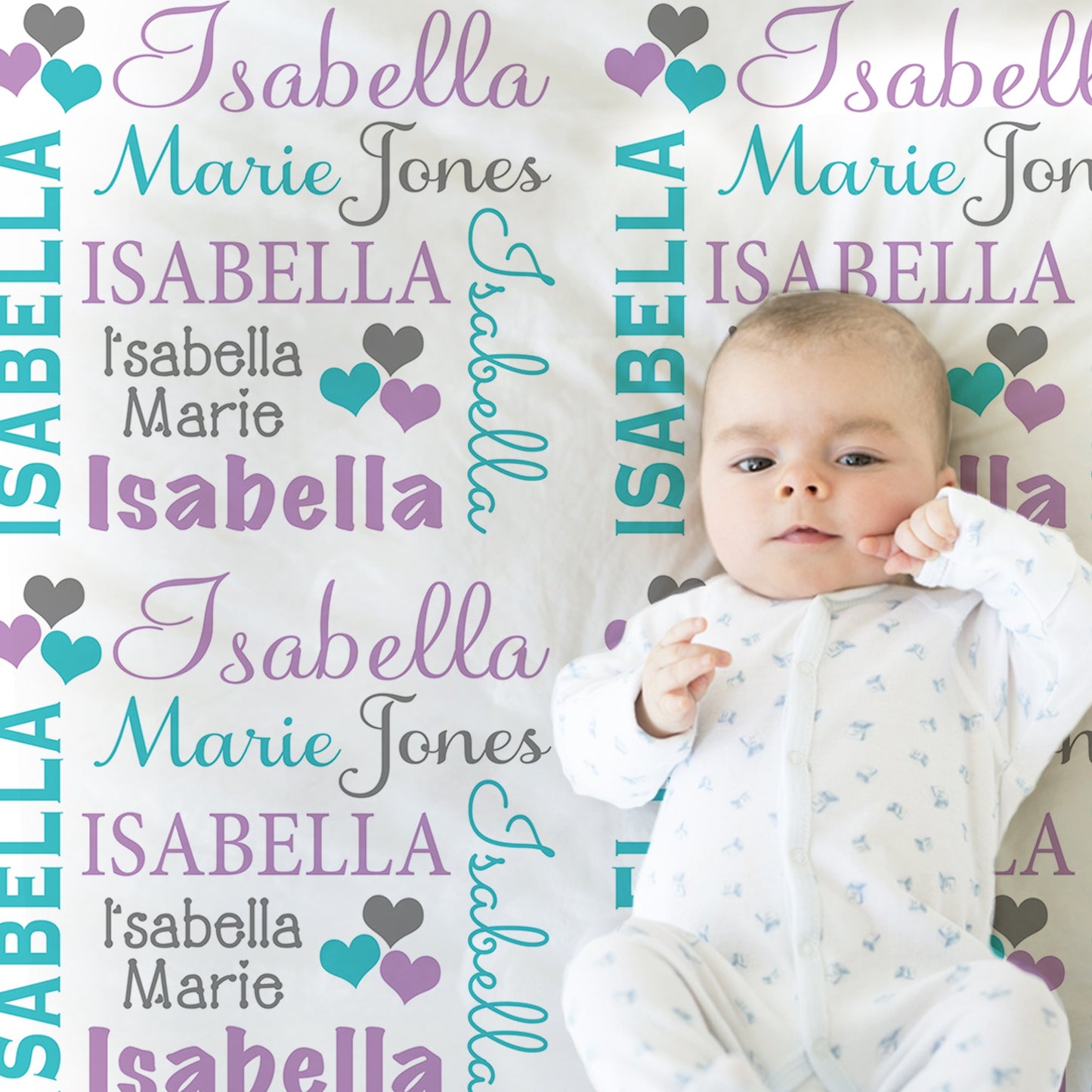 Personalized hearts baby blanket, baby name blanket purple and aqua hearts, pretty baby girl swaddle, newborn gift hearts (CHOOSE COLORS)