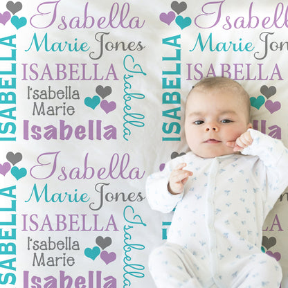 Personalized hearts baby blanket, baby name blanket purple and aqua hearts, pretty baby girl swaddle, newborn gift hearts (CHOOSE COLORS)