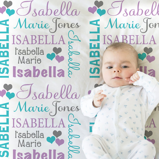 Personalized Hearts Baby Name Blanket Purple Aqua