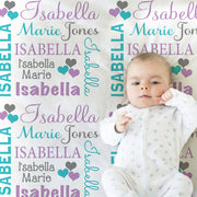Personalized hearts baby blanket, baby name blanket purple and aqua hearts, pretty baby girl swaddle, newborn gift hearts (CHOOSE COLORS)