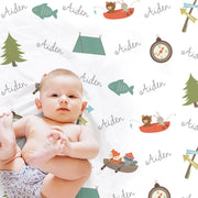 Personalized camping baby blanket, outdoors newborn boys name blanket, woodland animals, trees, fish, tent, hunting camping baby swaddle