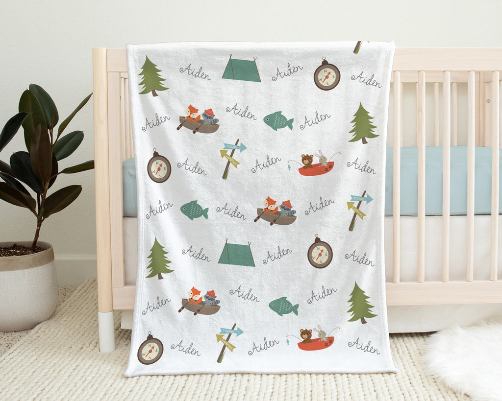Personalized camping baby blanket, outdoors newborn boys name blanket, woodland animals, trees, fish, tent, hunting camping baby swaddle